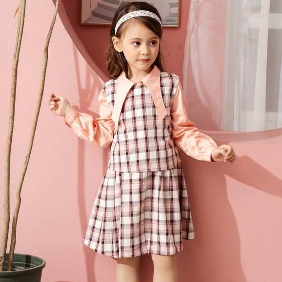 Set váy caro dài tay áo rời cotton thô 137KIDS cổ sen nơ xinh xắn cho bé gái