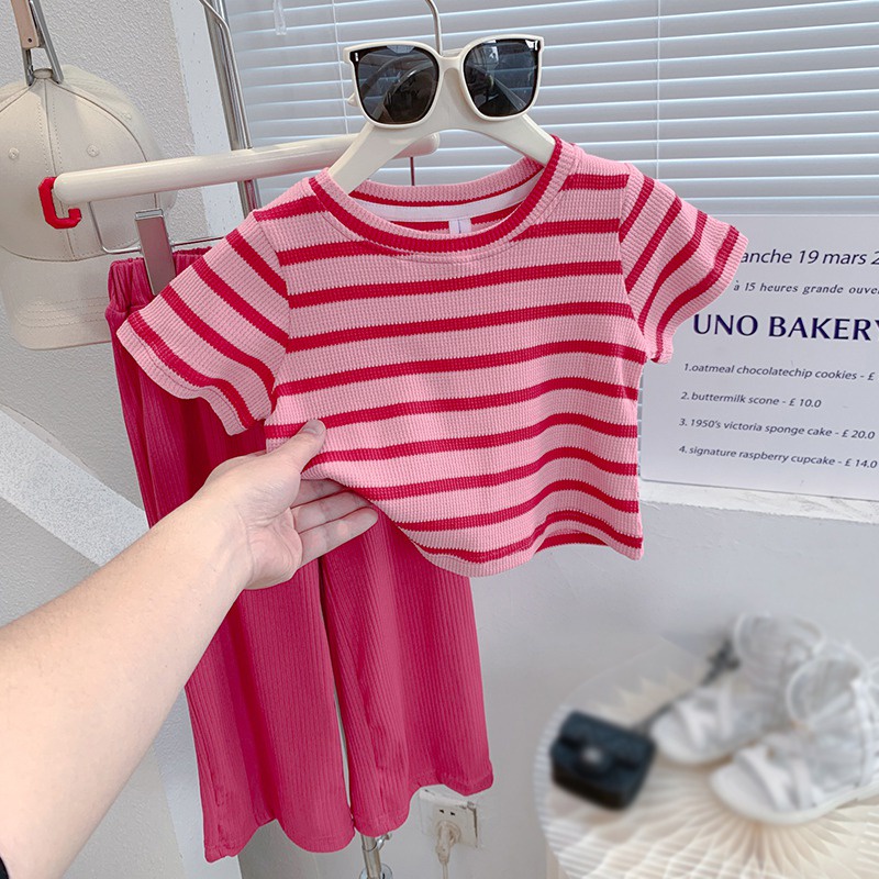 Set Áo Thun Tay Ngắn Kẻ Sọc Phối Quần Ống Rộng Thời Trang Hè Xinh Xắn Cho Bé Gái