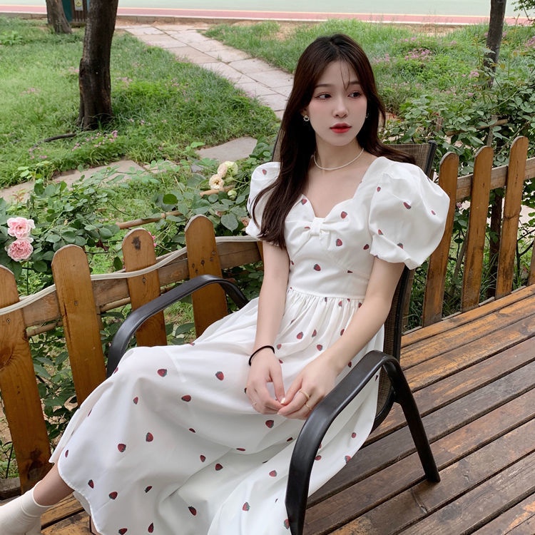 Đầm Chữ A Tay Ngắn Phồng Cổ Chữ V Ngọt Ngào Phong Cách Nhật Bản Thời Trang Mùa Hè Mới