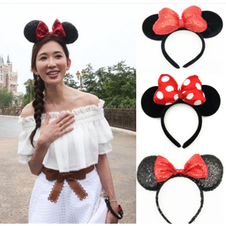 Băng Đô Cài Tóc Hình Tai Chuột Mickey/ Minnie Có Đèn LED Phong Cách Công Chúa Cho Trẻ Em