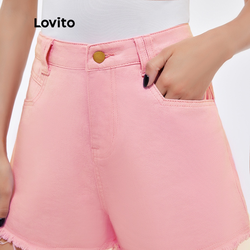 Quần short denim Lovito có túi khóa kéo đơn giản màu trơn L25AD090 (màu hồng)