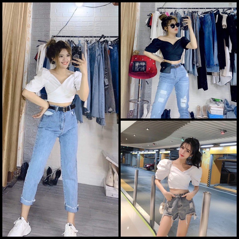 Áo kiểu croptop đắp chéo tay phồng
