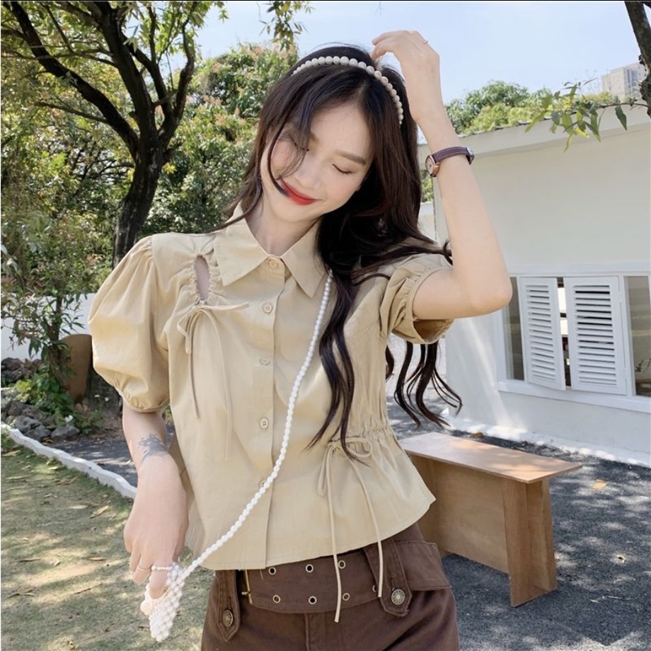 Áo Kiểu Tay Phồng Ngắn Phối Dây Rút Thời Trang Mùa Hè Hàn Quốc Mới Cho Nữ