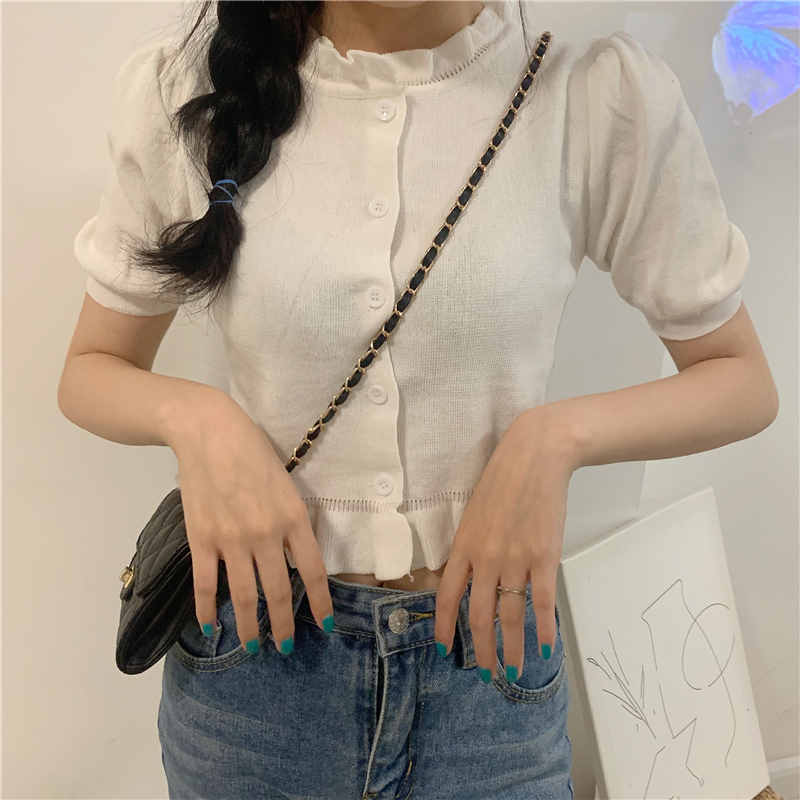 Phụ Nữ Mùa Hè Dệt Kim Ngắn Tay Màu Kẹo Hàn Quốc Crop Top