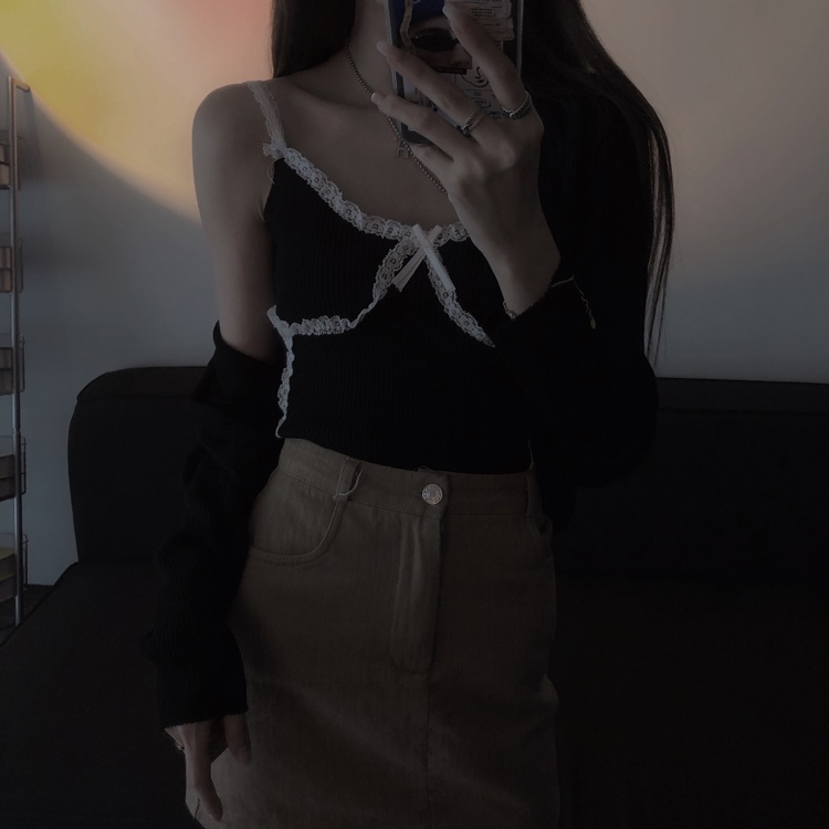 Áo dệt kim ZHELIHANGFEI 2 dây phối ren thời trang hè phong cách Hàn Quốc quyến rũ cho nữ