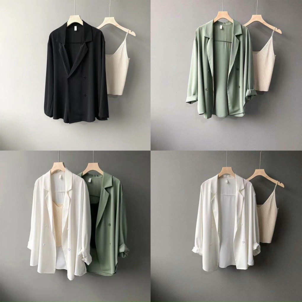Áo blazer sang chảnh màu đen trắng xanh _ Áo vest_ áo blazer nữ vải trượt vạt bầu dáng rộng | BigBuy360 - bigbuy360.vn