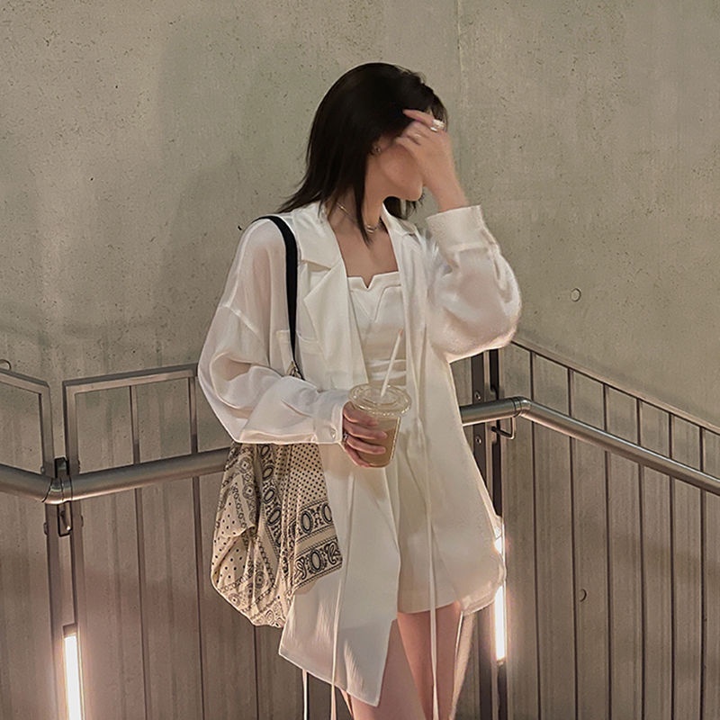 Áo khoác chiffon tay dài dáng ôm màu trắng/xanh lá thời trang Hàn Quốc