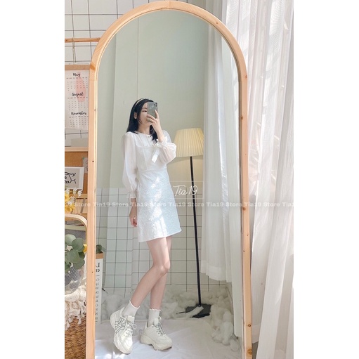 Váy trắng gấm cổ tròn dáng xoè Tia19. Đầm trắng dự tiệc cổ tròn tiểu thư ulzzang | BigBuy360 - bigbuy360.vn