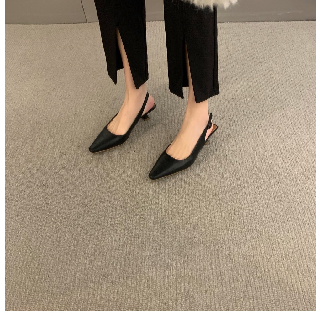 Sandal/ giày cao gót mũi nhọn quai hậu da lì