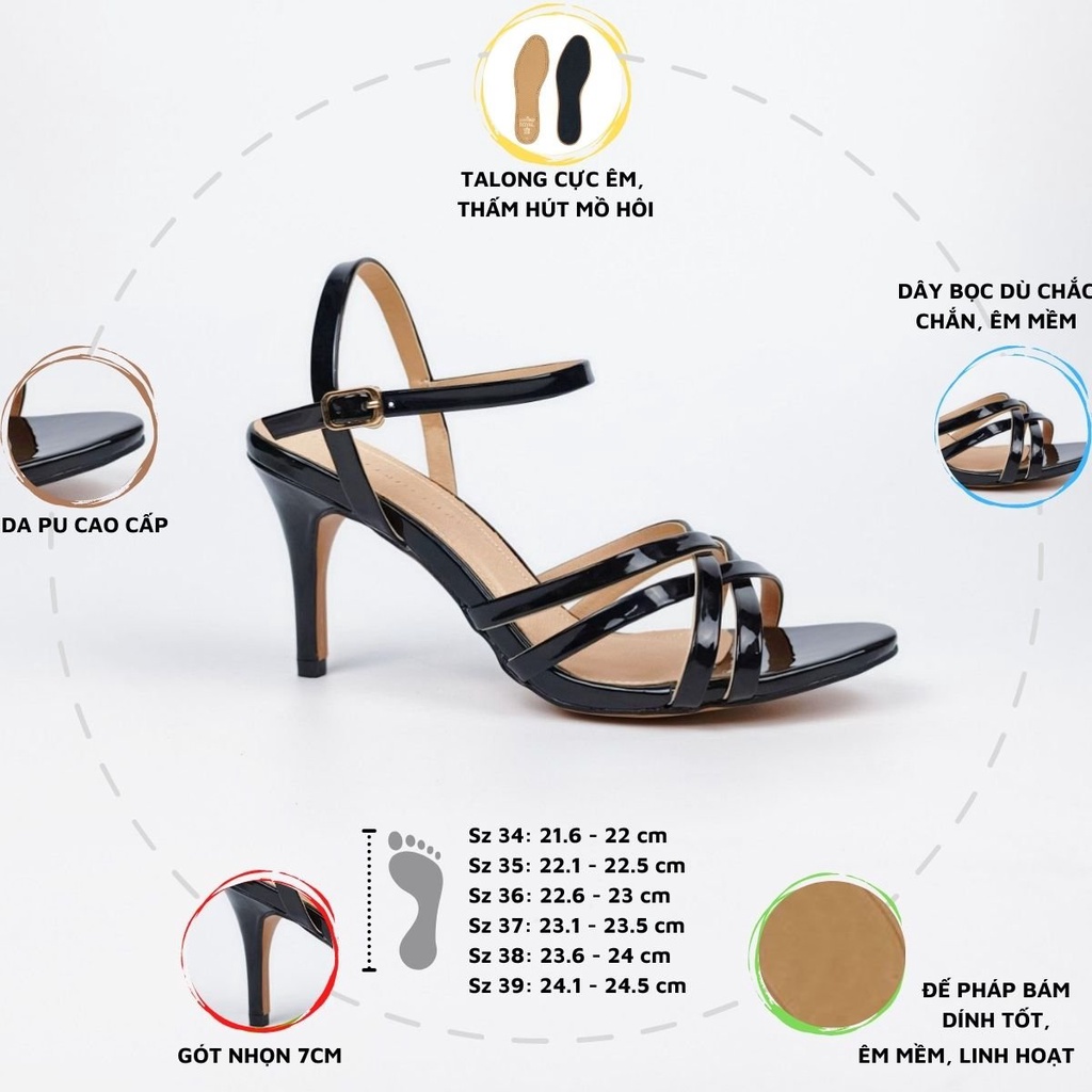 Giày sandal cao gót đan dây quai mảnh gót nhọn 7p da bóng HADU G729