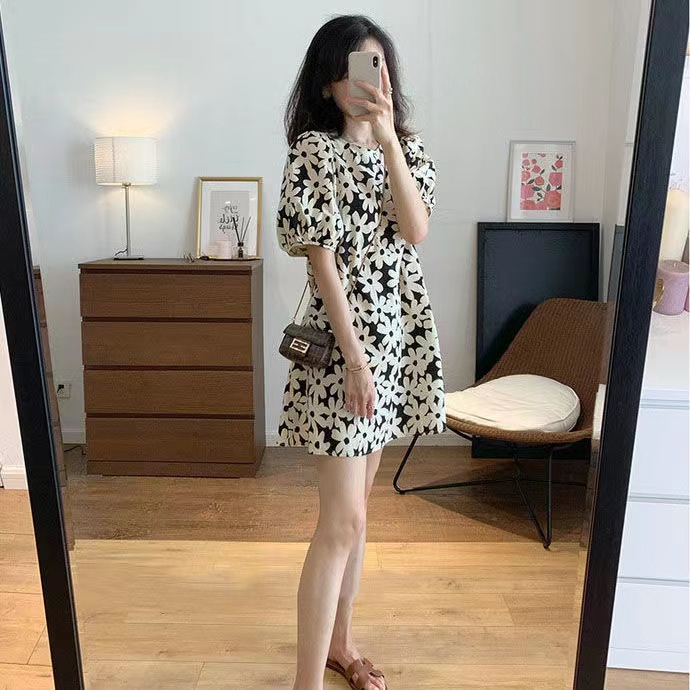 Đầm Tay Phồng Họa Tiết Hoa Phong Cách Retro Thời Trang Mùa Hè Hàn Quốc Cho Nữ