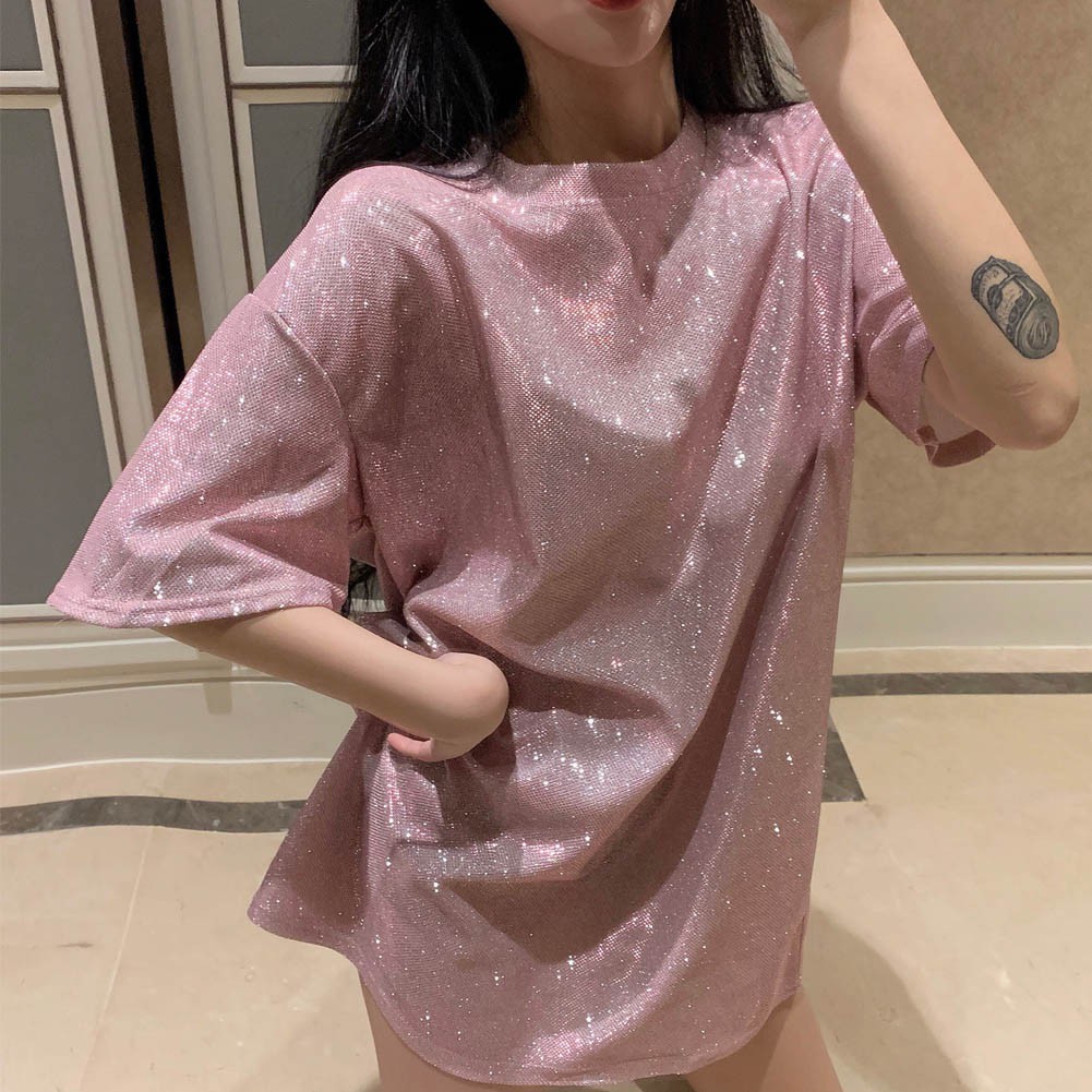 Áo thun cổ tròn tay ngắn lấp lánh thời trang cho nữ
