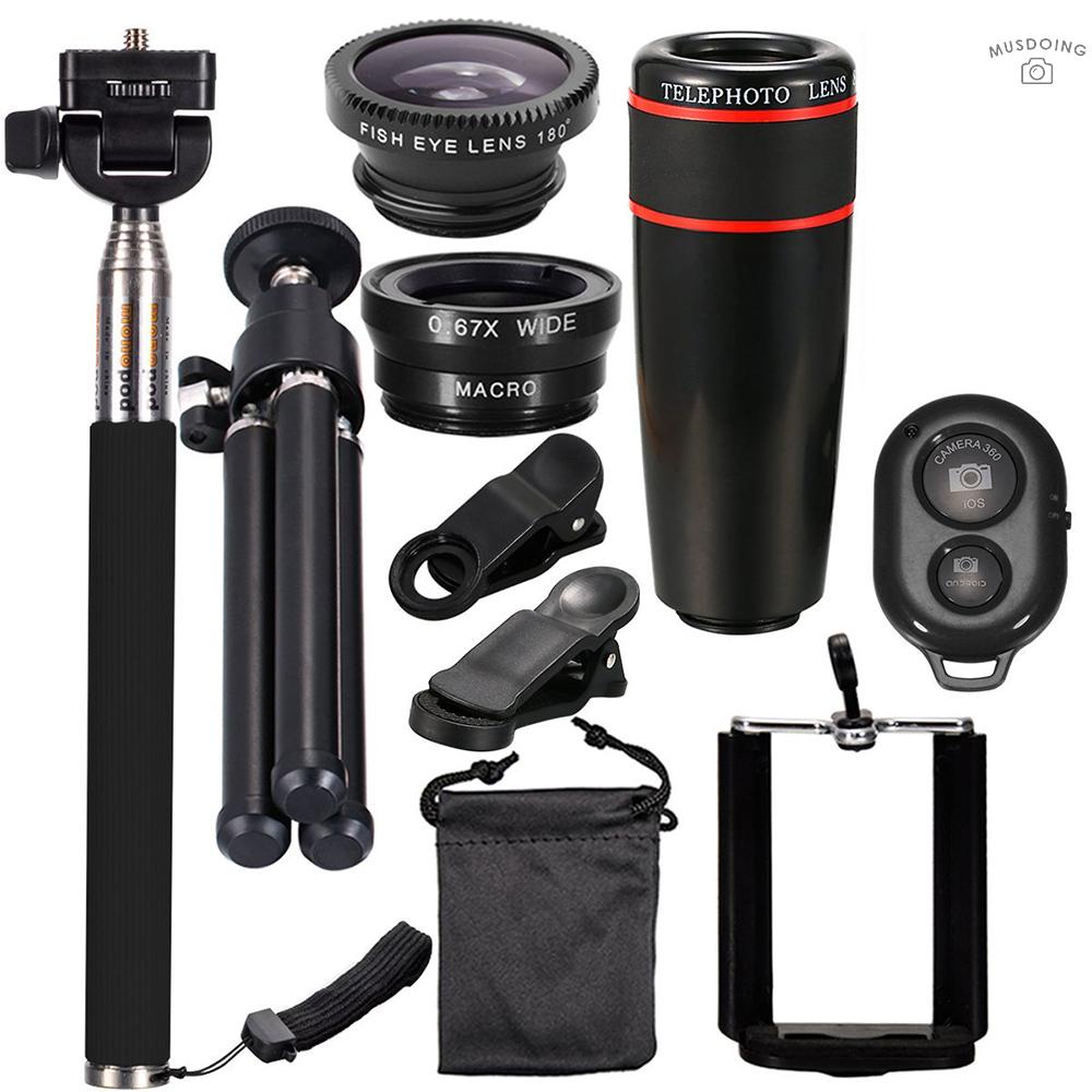 ღ 10PCS 12X Telephoto Universal Mobile Phone Lens Kits Wide Angle + Fish Eye + Macro Lens + Selfie Stick + Tripod for iOS phone /Samsung /Huawei /iOS Pad