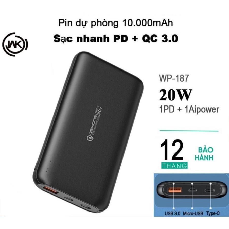 Sạc dự phòng điện thoại WP187-20W 10000Mah chính hãng chuẩn sạc nhanh- CÓ 2 CỔNG