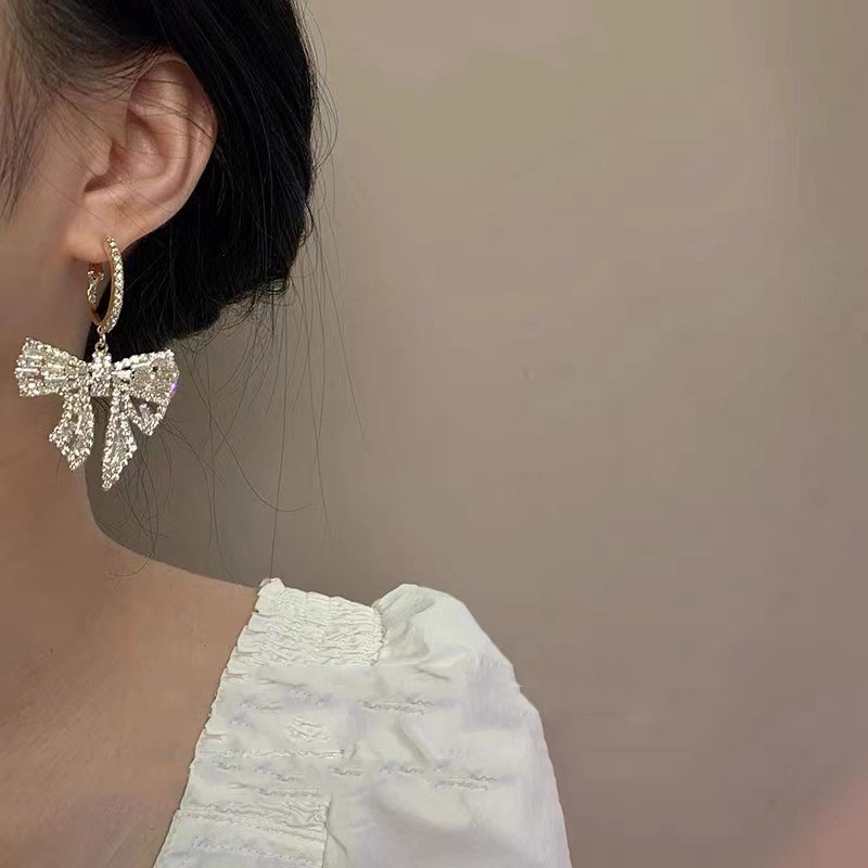 Đôi khuyên tai mạ bạc 925 hình nơ đính kim cương giả sang trọng