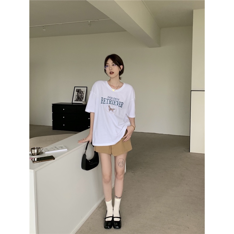 Áo Thun Dáng Rộng Ngắn Tay In Hình Cún Thời Trang Mùa Hè Mỹ Kiểu Mới 53641