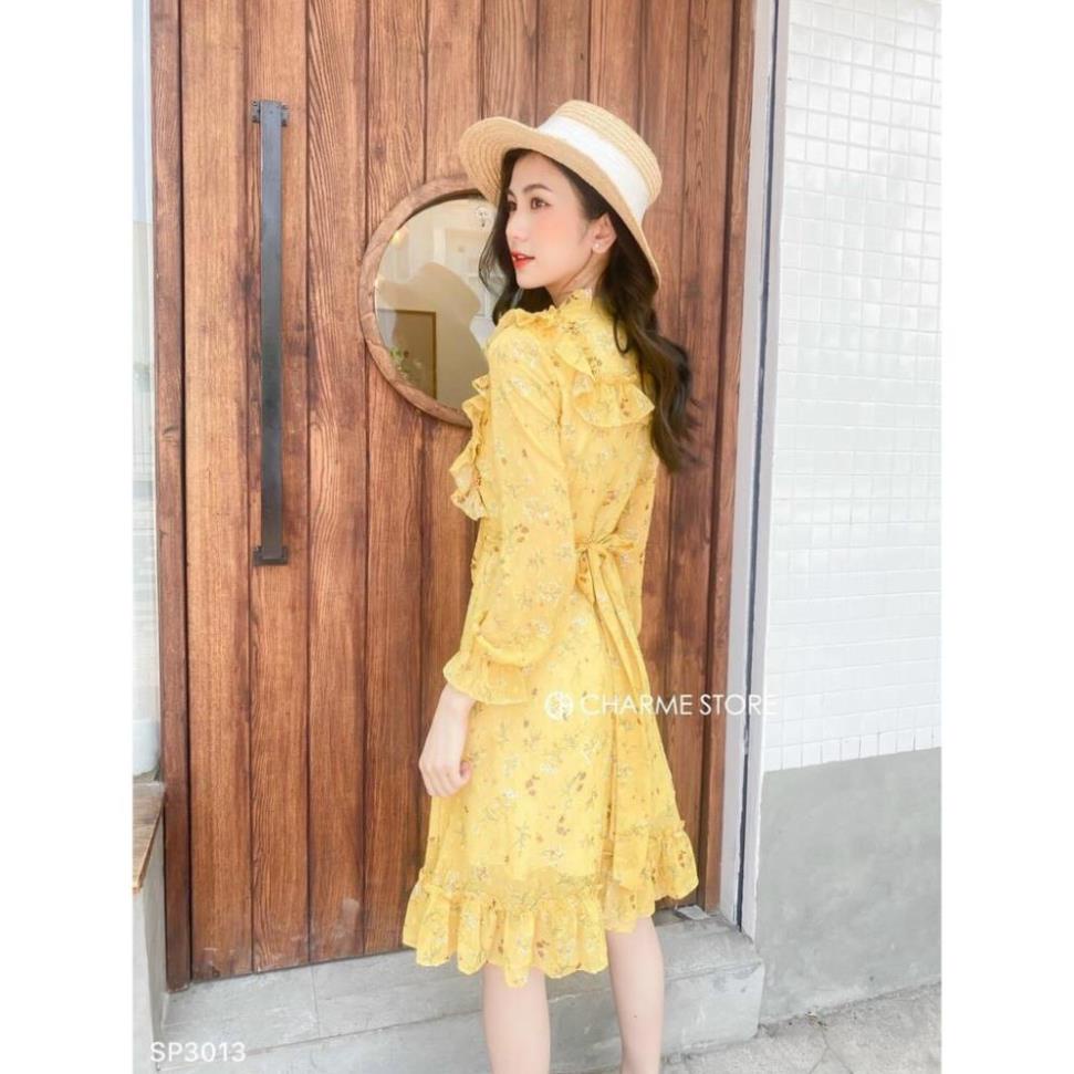 TCO- Đầm váy voan hoa dáng xòe cánh tiên, kết nơ vàng tươi sáng, trẻ trung thời trang nữ dạo phố, đi biển