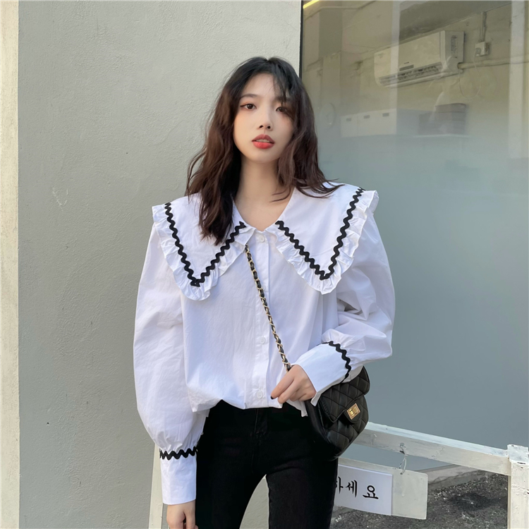 Áo kiểu tay dài cổ áo thủy thủ phong cách Hàn Quốc xinh xắn đáng yêu cho nữ