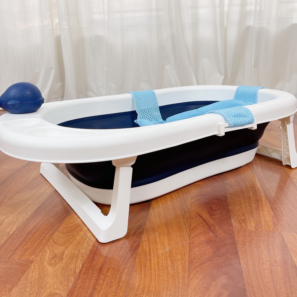 Chậu tắm gấp gọn cho bé kèm lưới/phao nằm tắm size lớn màu xanh than 9BABY
