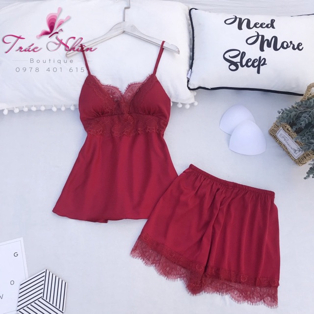 Bộ ngủ lụa phối ren cao cấp mềm mại dây điều chỉnh kềm mút ngực