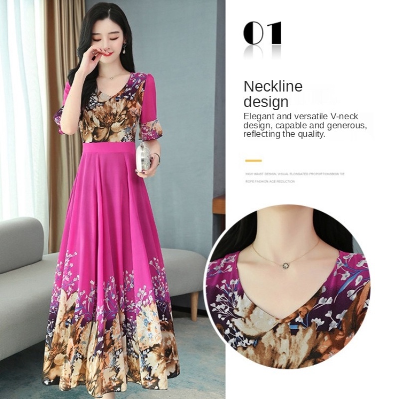 Summer New Style Korean Version of V-neck Ice Silk Print Dress Fashion Women's Waist Slimming Over-the-knee Long Skirt and Big Swing