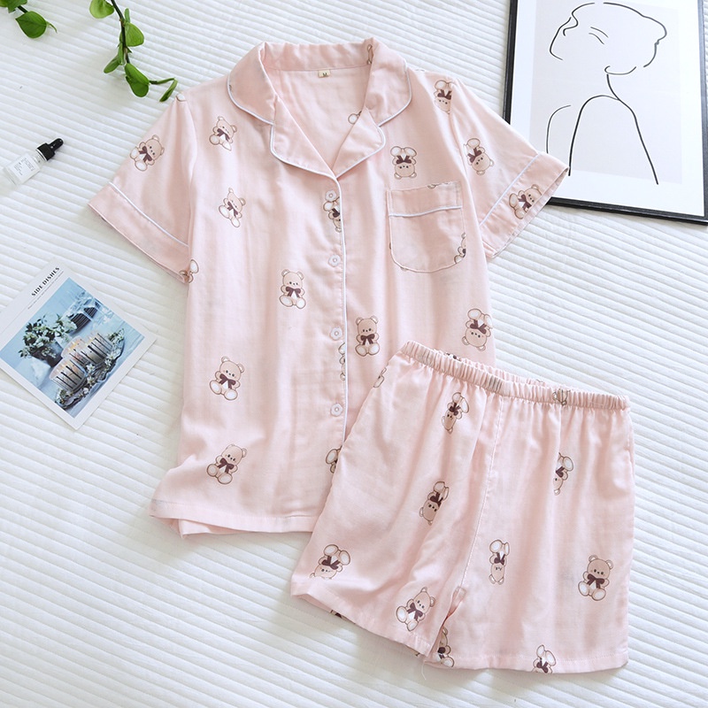 Bộ pyjama nữ vải xô Nhật hình gấu dễ thương, dáng ngắn