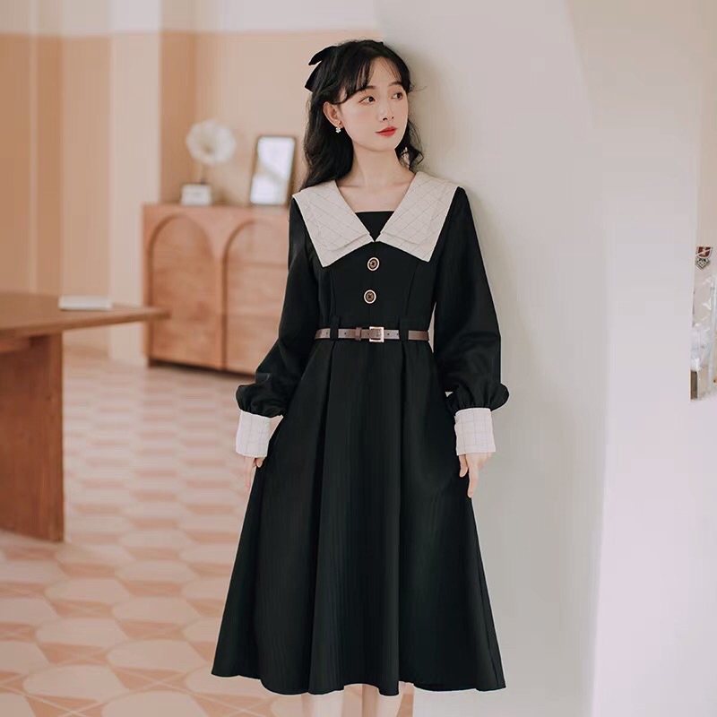 Đầm vintage tiểu thư chất nhung kèm belt