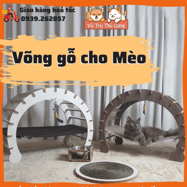 Võng gỗ cho Chó mèo - Giường ngủ chó mèo thú cưng bằng gỗ kèm Võng, đồ chơi chó mèo