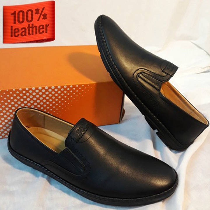 Giày mọi lười Slip on nam da bò nguyên tấm đế cao su siêu nhẹ êm chân phom việt thon gọn đế khâu bền bỉ