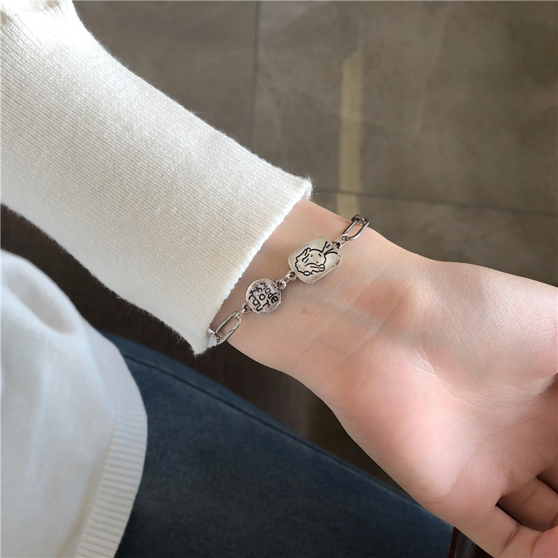 【QM】 INS Korea Men Women Cute Little Boy Hip Hop Square Figure Bracelet Geometric Round Letter Bracelet Girls Fashion Jewelry Accessories