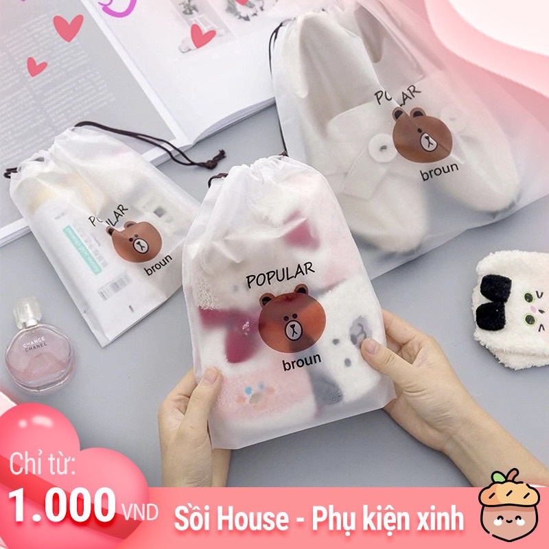 Túi dây rút đựng giầy dép, đồ lót, phụ kiện mỹ phẩm chống nước hình gấu nâu,mèo,xương rồng,hoa dễ thương cute Sồi House