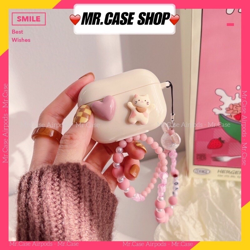 Case Airpods 1/2 /3/Pro Vỏ Ốp Tai Nghe Nhựa Dẻo Hình Hoạt Tiết Mèo Tim Kèm Dây Đeo Dài - Mr.Case AirPods