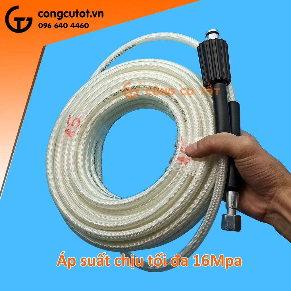 Dây rửa xe áp lực 16MPa lõi nhựa bọc dù trắng, một đầu ren trong to M22, một đầu ren trong nhỏ M14