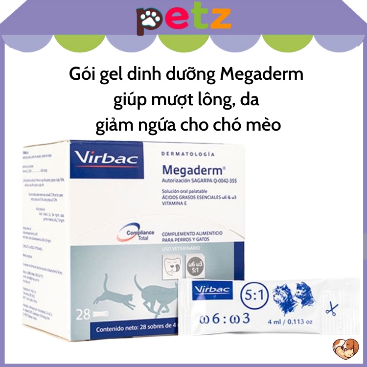 Gói Gel dinh dưỡng Virbac Megaderm 4ml giúp mượt lông chó mèo PETZ gói dinh dưỡng giúp giảm ngứa cho thú cưng