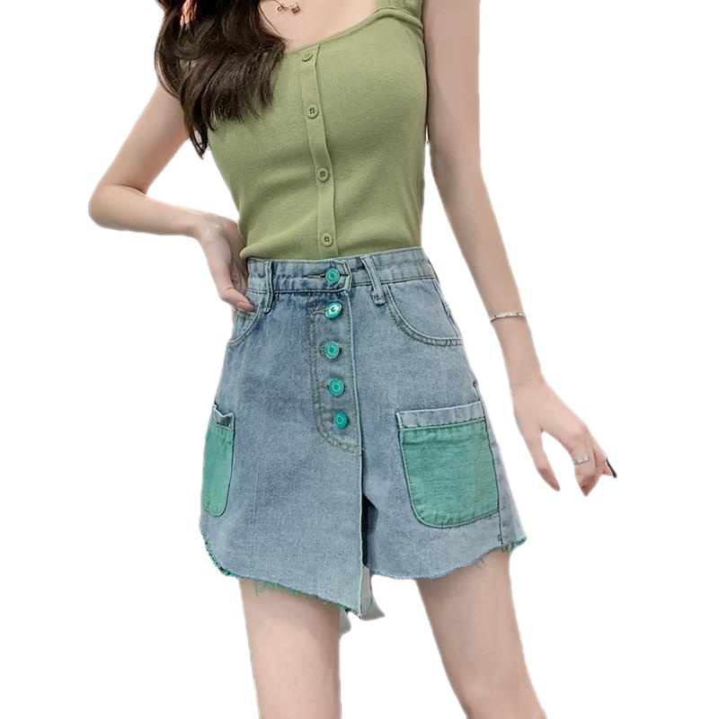 Quần Short Denim Giả Váy Lưng Cao Dáng Rộng Màu Sắc Tương Phản Thời Trang Xuân Hè Cho Nữ