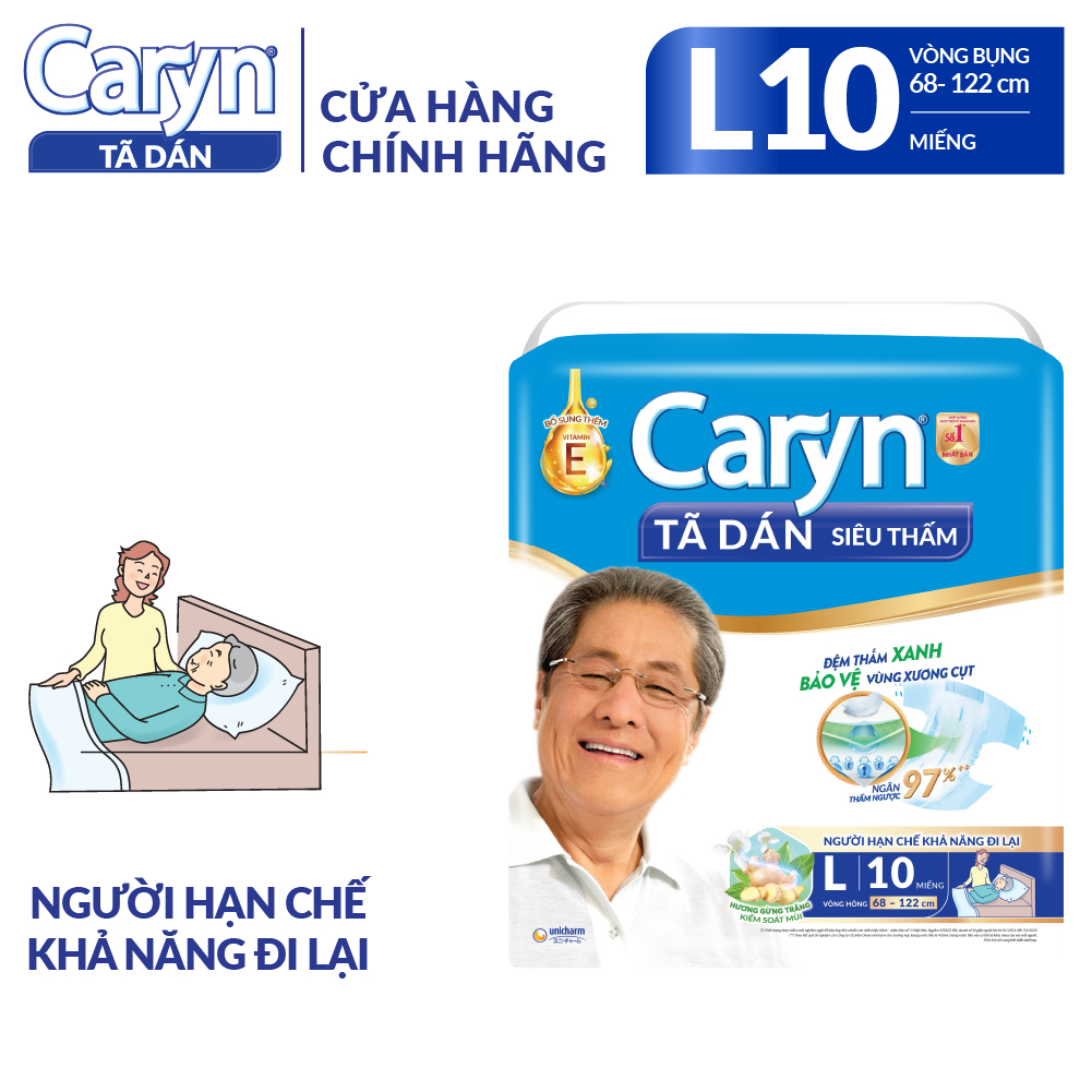 Tã/Bỉm dán người lớn siêu thấm Caryn dành cho người hạn chế khả năng đi lại Size L (8/10/20/40pcs)