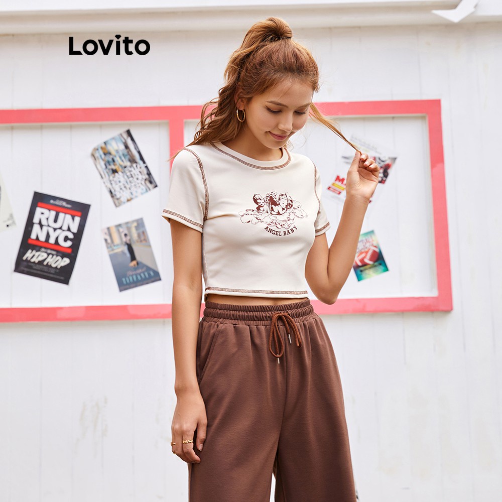 Áo thun Lovito đường viền màu tương phản in họa tiết hoạt hình phong cách cổ điển thường ngày L14D009 (Màu kaki) | BigBuy360 - bigbuy360.vn