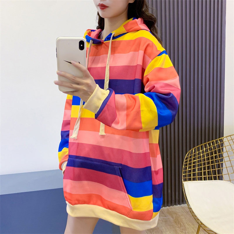 Áo Hoodie Dài Tay Họa Tiết Sọc Ngang Màu Sắc Cầu Vồng Trẻ Trung Dành Cho Nữ