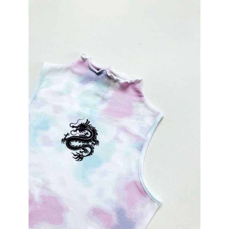 Áo crop top cổ lọ cuốn biên loan màu in rồng đen