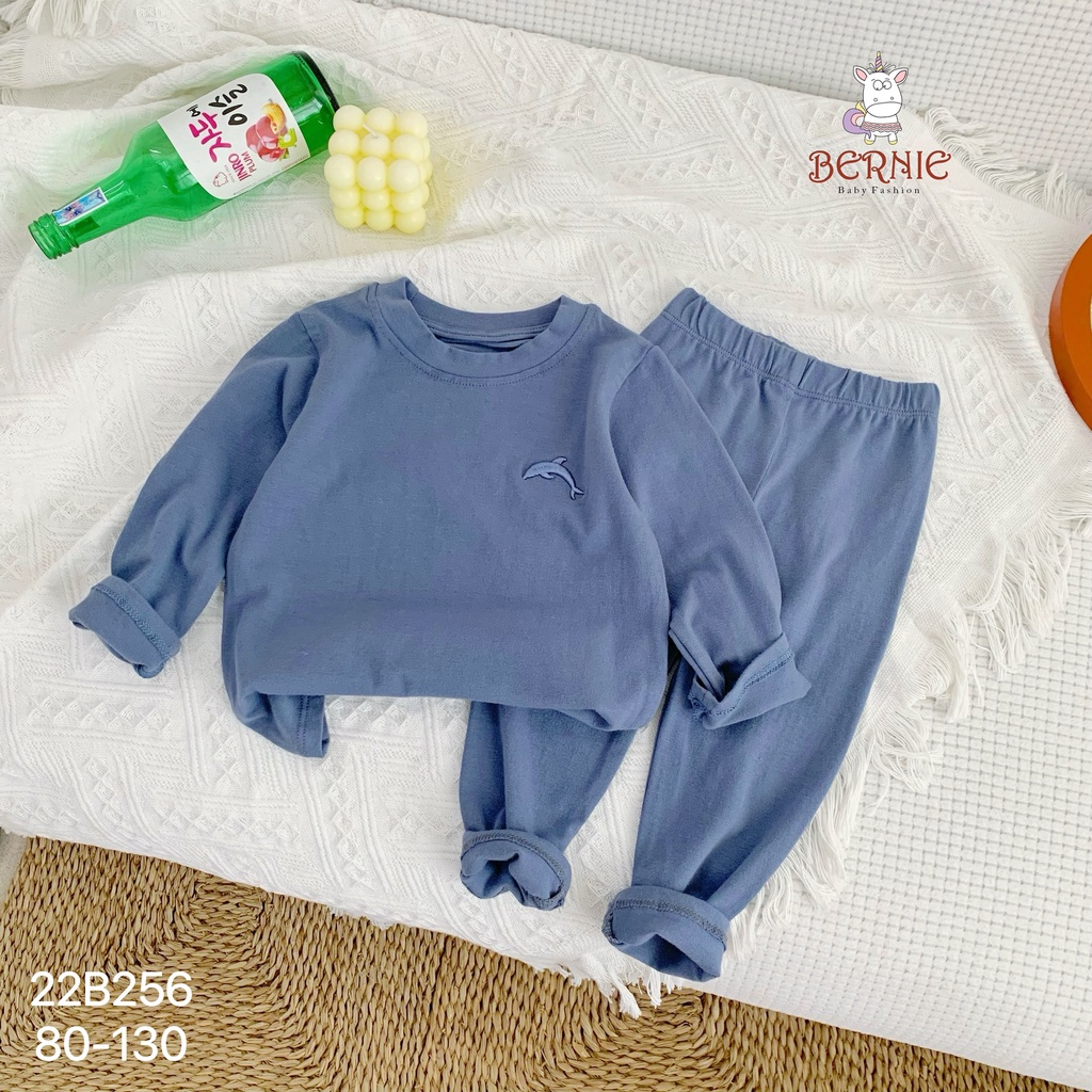 Bộ cotton unisex dài tay cho bé, bộ thun tay dài trơn thêu hoạ tiết cá màu Bernie