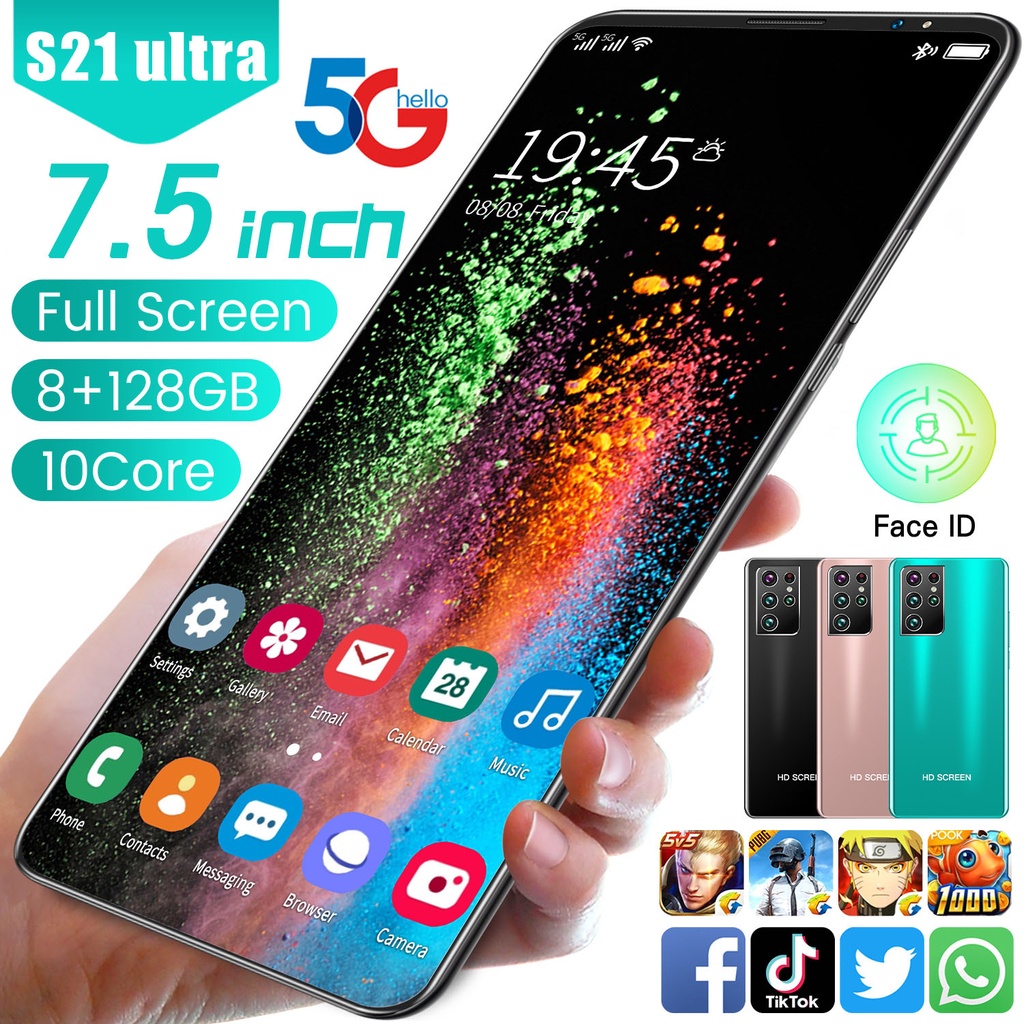 Điện thoại giá rẻ S21ultra 8 + 128GB bán nguyên bản 7.5 inch HD hỗ trợ WiFi 4G Điện thoại di động mạng 5G