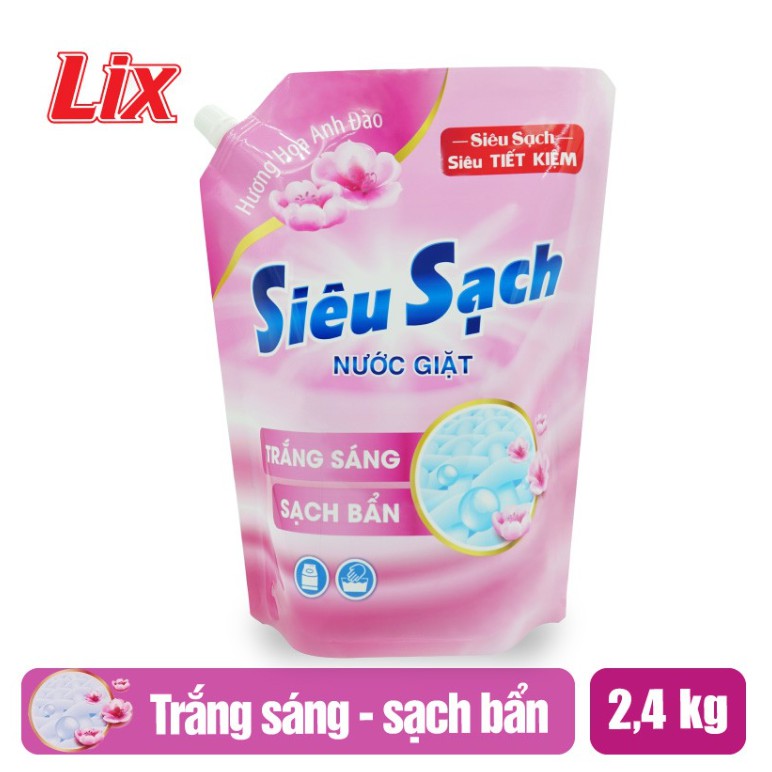 Túi nước giặt Lix Siêu Sạch 2.4kg hương Hoa Anh Đào mẫu mới 2021 tiết kiệm