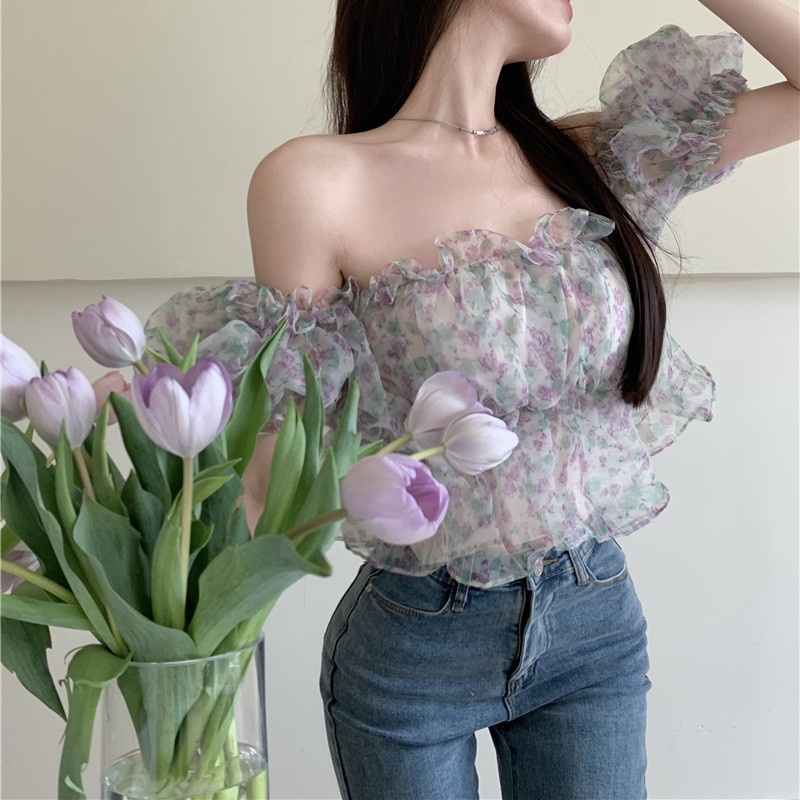 Áo Kiểu Tay Ngắn Hở Vai In Họa Tiết Hoa Nhí Xinh Xắn Thời Trang Cho Nữ