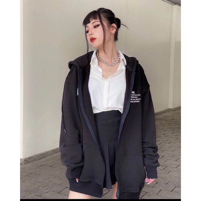 Áo Khoác Hoodie In chữ Tay Bồng  Nữ [FREESHIP]  Jacket form rộng có mũ màu ĐEN Ulzzang