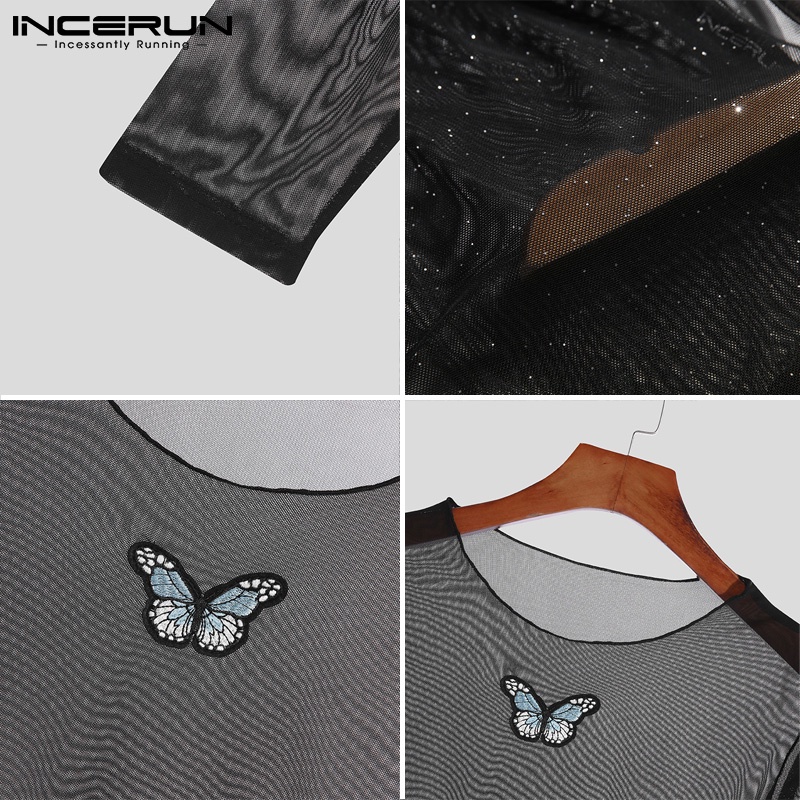 Set áo croptop tay dài xuyên thấu + áo không tay hai dây họa tiết bướm INCERUN thời trang cho nam