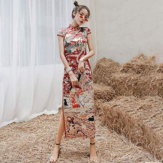Sườn xám có sẵn sườn xám đỏ nhạt hoạ tiết trung hoa có lớp lót trong dài xẻ cao ôm body chuẩn đẹp