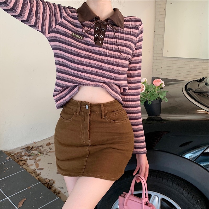 Áo dệt kim ZHELIHANGFEI tay dài cổ bẻ cột dây họa tiết kẻ sọc thời trang trẻ trung cho nữ