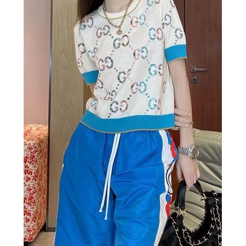 ❡℗Áo Dệt Kim Tay Ngắn In logo Gucci Kiểu retro Thời Trang 2022S