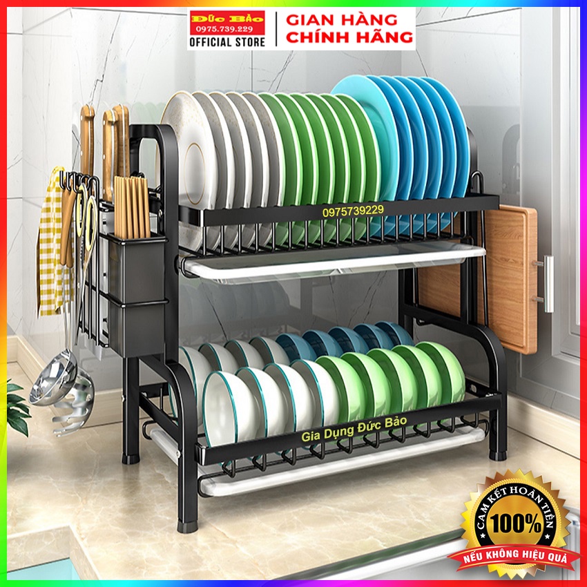 Giá để bát đĩa 2,3 tầng chất liệu thép carbon cao cấp, kệ chạn úp chén đũa đa năng kèm 2 khay hứng nước
