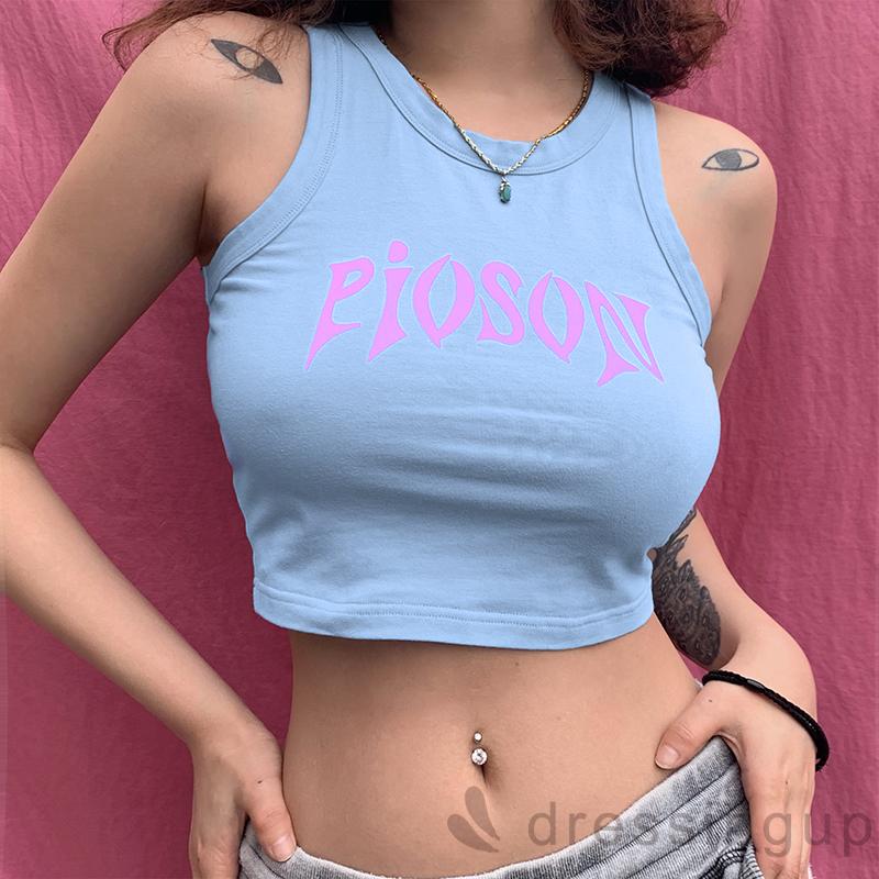 Áo Thun Sát Nách Cổ Tròn Dáng Ôm In Chữ Cá Tính Cho Nữ